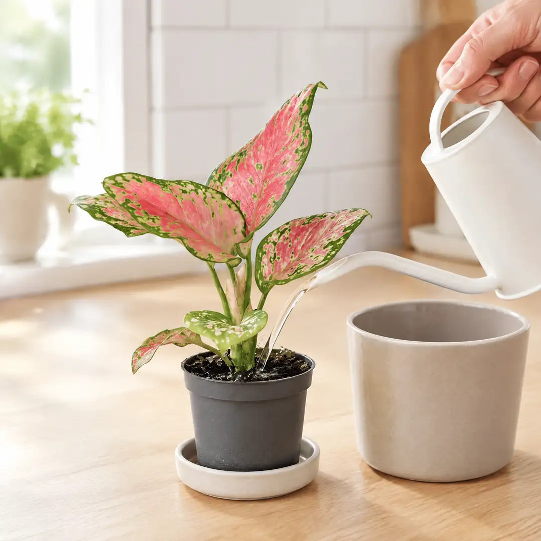 Aglaonema Red Valentine wird im Anzuchttopf direkt an der Erde gegossen
