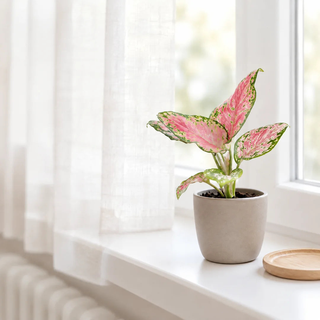 Aglaonema Red Valentine am hellen Fenster hinter einem Leinenvorhang