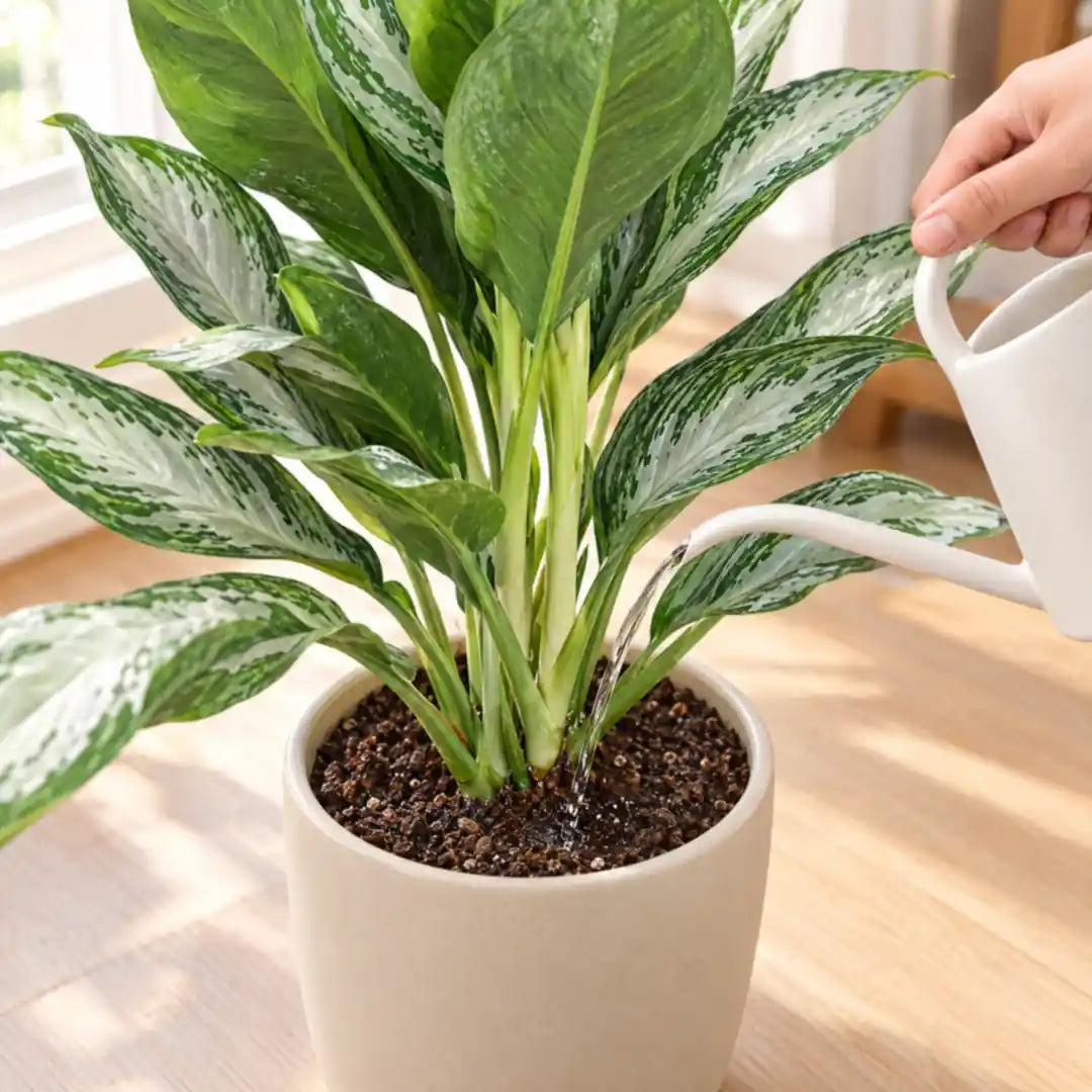 Hand gießt die Aglaonema Silver Bay mit einer weißen Gießkanne