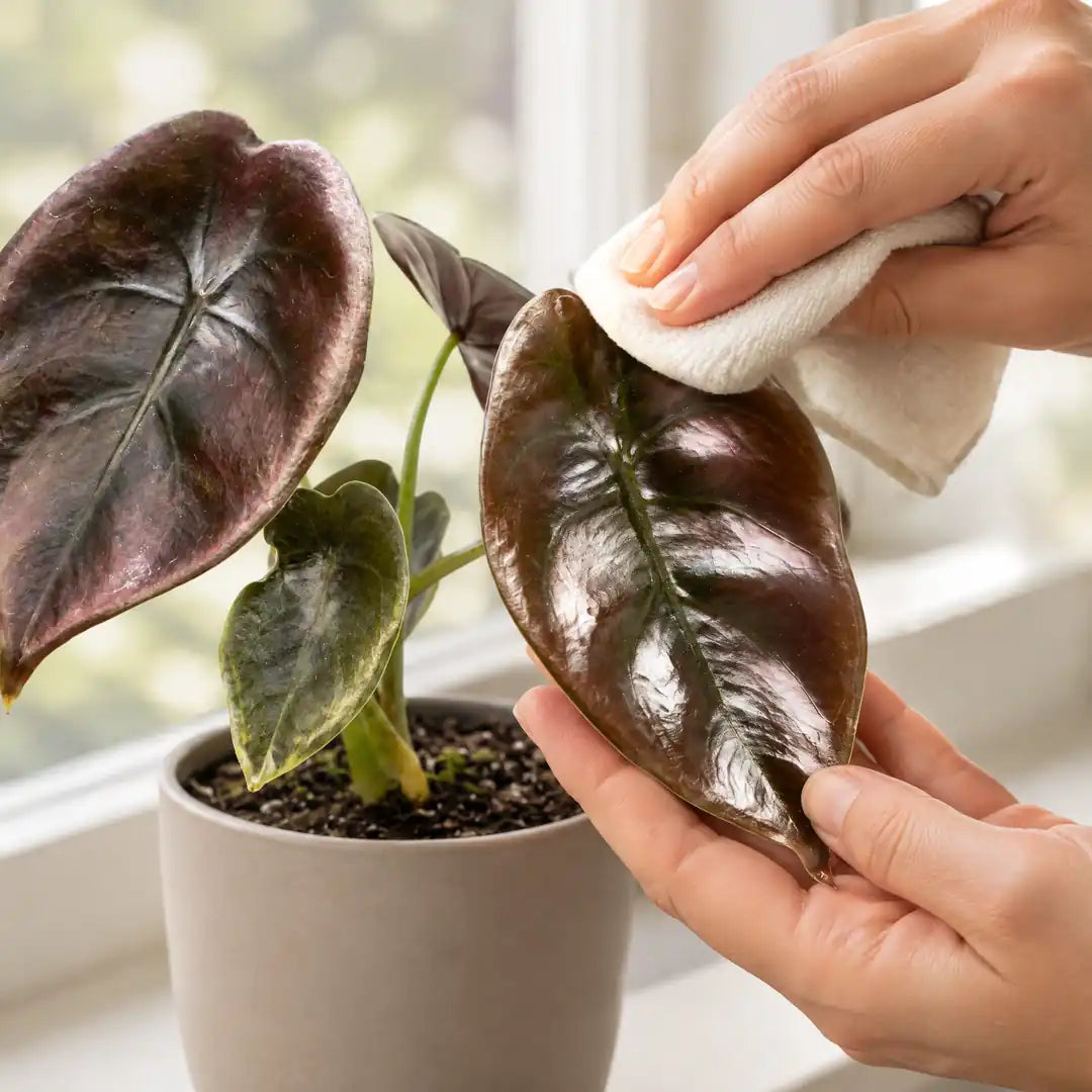 Hand wischt ein Blatt der Alocasia Cuprea Red Secret mit einem weichen Tuch ab