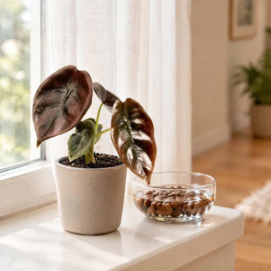 Alocasia Cuprea Red Secret auf der hellen Fensterbank neben einer Schale mit Blähton