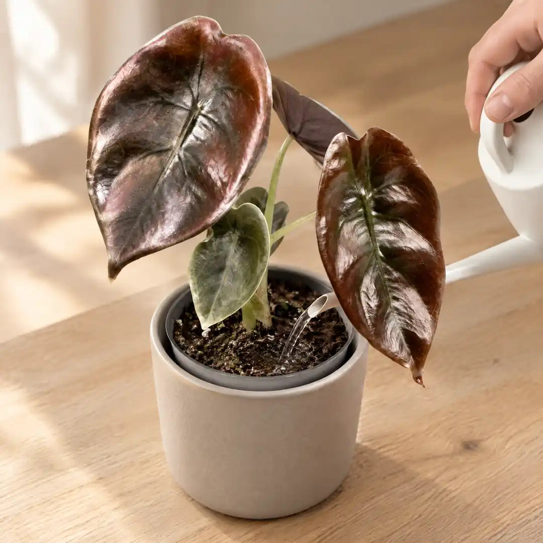 Kupfer-Alocasia wird mit einer kleinen Gießkanne an der Erde gegossen