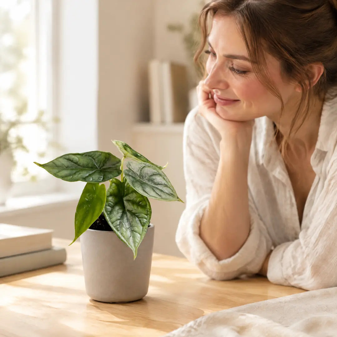 Frau betrachtet eine kleine Alocasia Dragon Scale auf dem Tisch
