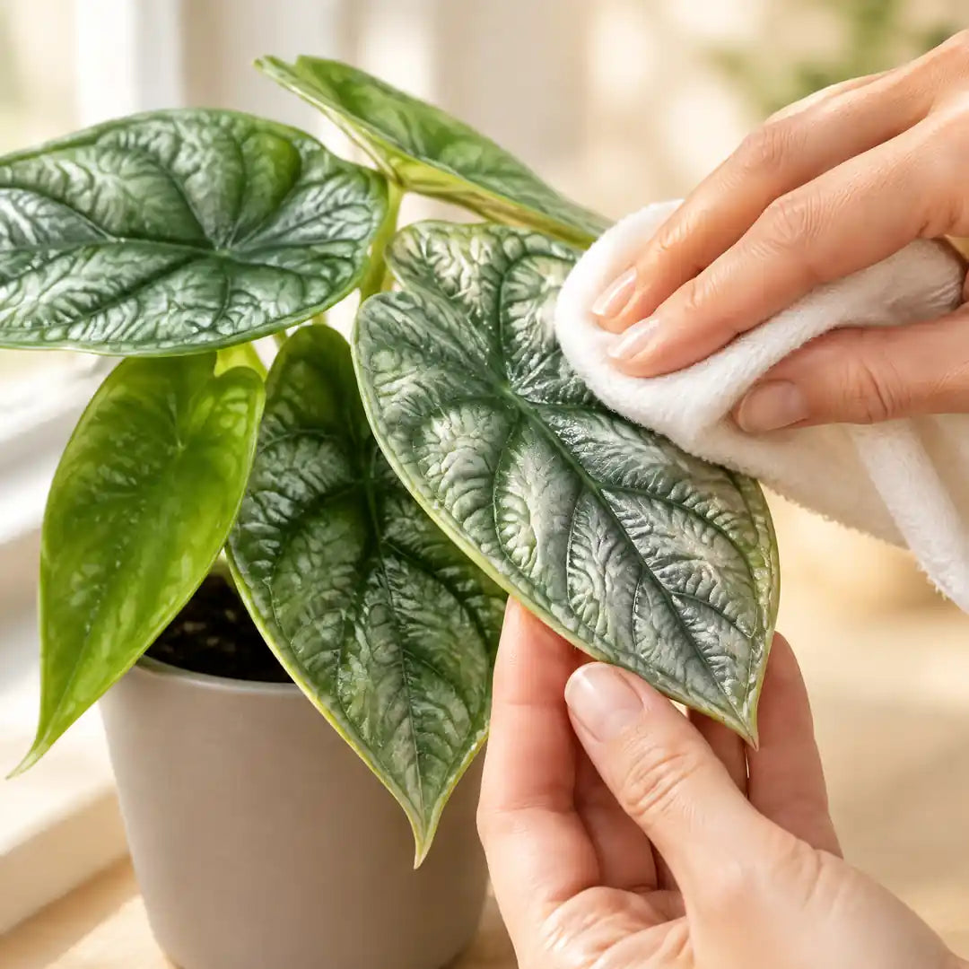 Hand wischt ein Blatt der Alocasia Dragon Scale mit einem weichen Tuch ab