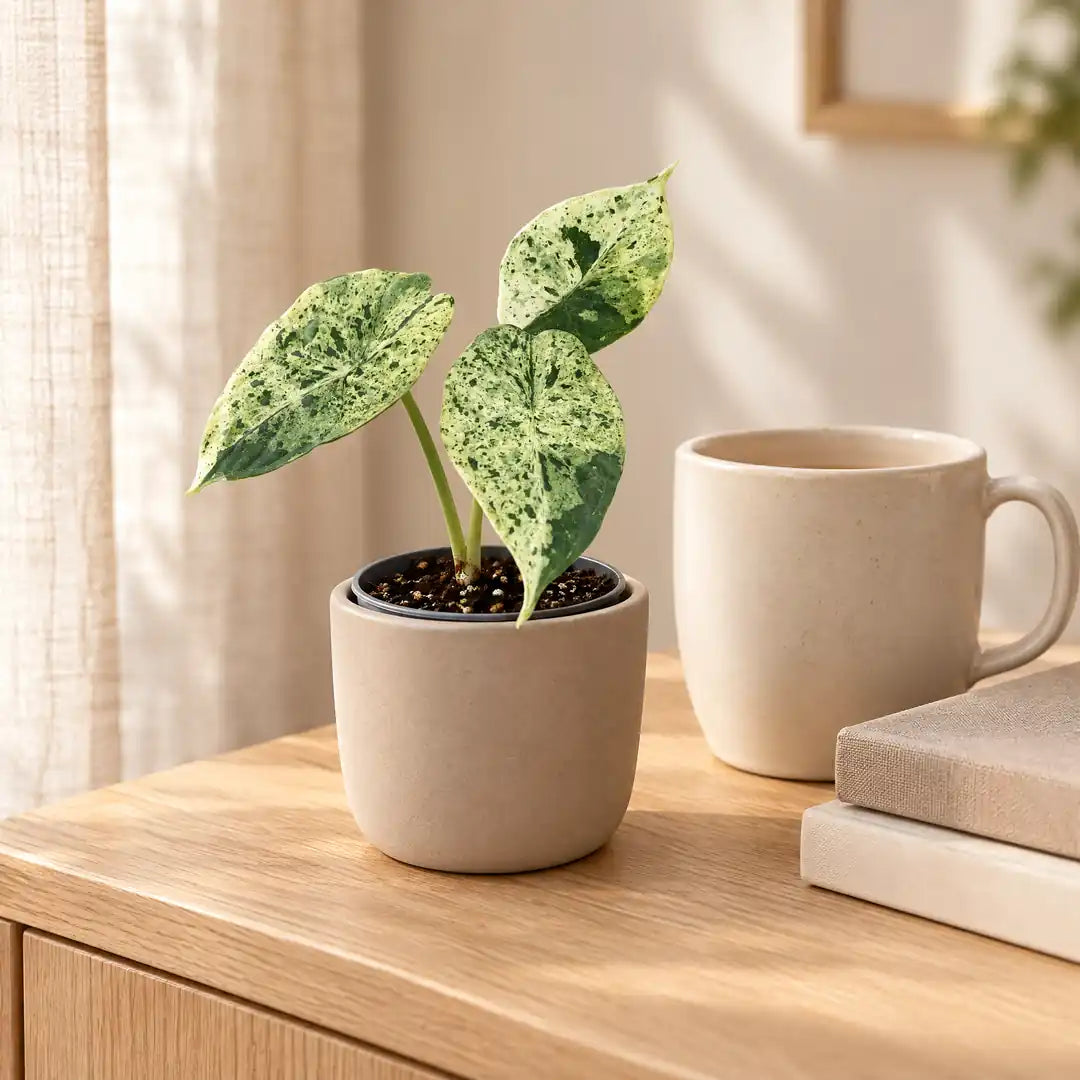 Alocasia Dragon Scale Mint Variegata im beigen Übertopf auf einem Sideboard im hellen Wohnzimmer