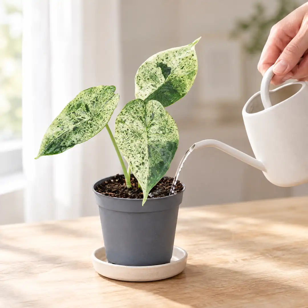 Alocasia Dragon Scale Mint wird mit einer kleinen Gießkanne direkt an der Erde gegossen