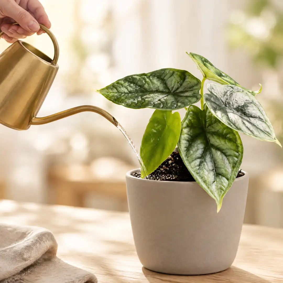Alocasia Dragon Scale wird mit einer Messing-Gießkanne an der Erde gegossen