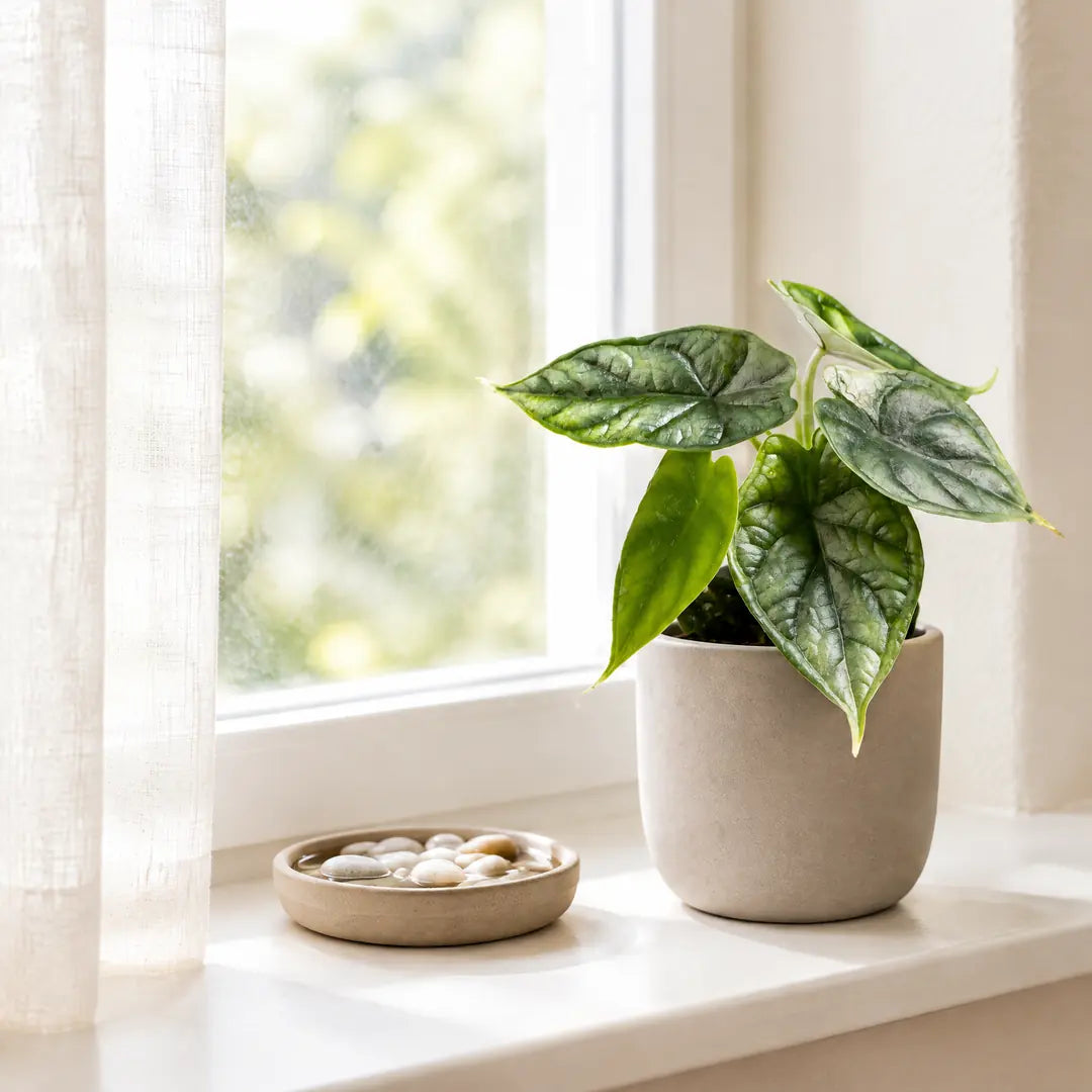 Alocasia Dragon Scale auf einer hellen Fensterbank hinter einem Leinenvorhang