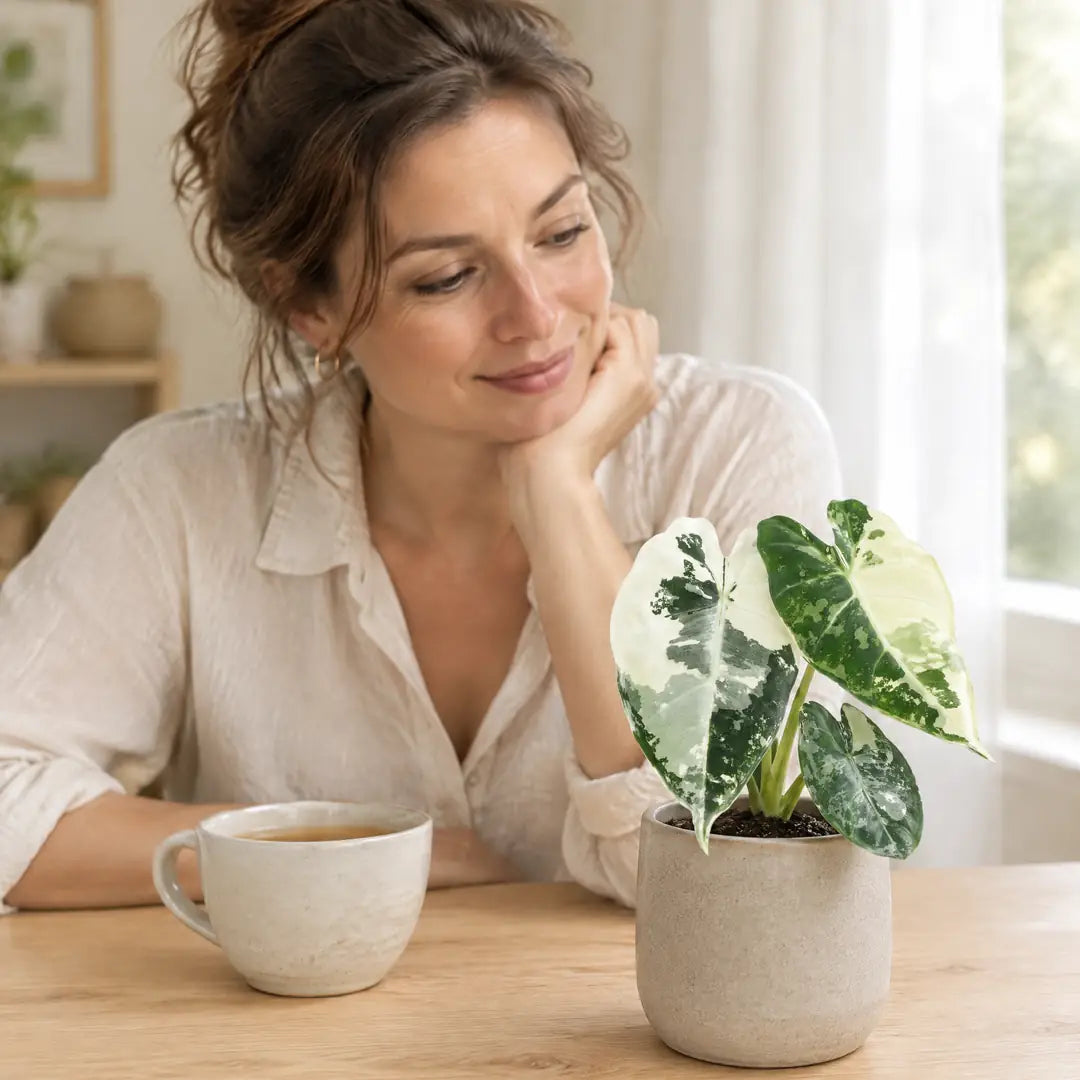 Frau am Tisch betrachtet ihre kleine Alocasia Frydek Variegata