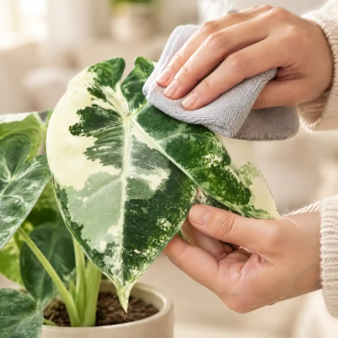 Hand entfernt mit einem weichen Tuch Staub von einem Blatt der Alocasia Frydek Variegata
