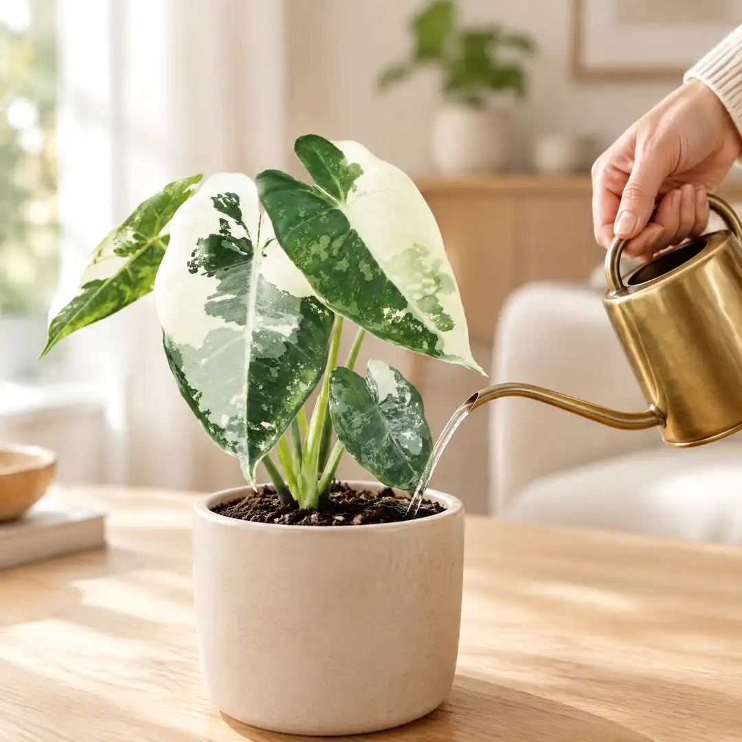 Alocasia Frydek Variegata wird mit einer kleinen Gießkanne direkt an der Erde gegossen