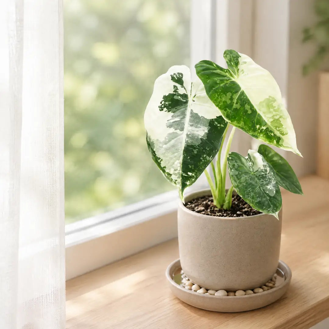 Alocasia Frydek Variegata auf der Fensterbank im hellen, indirekten Licht