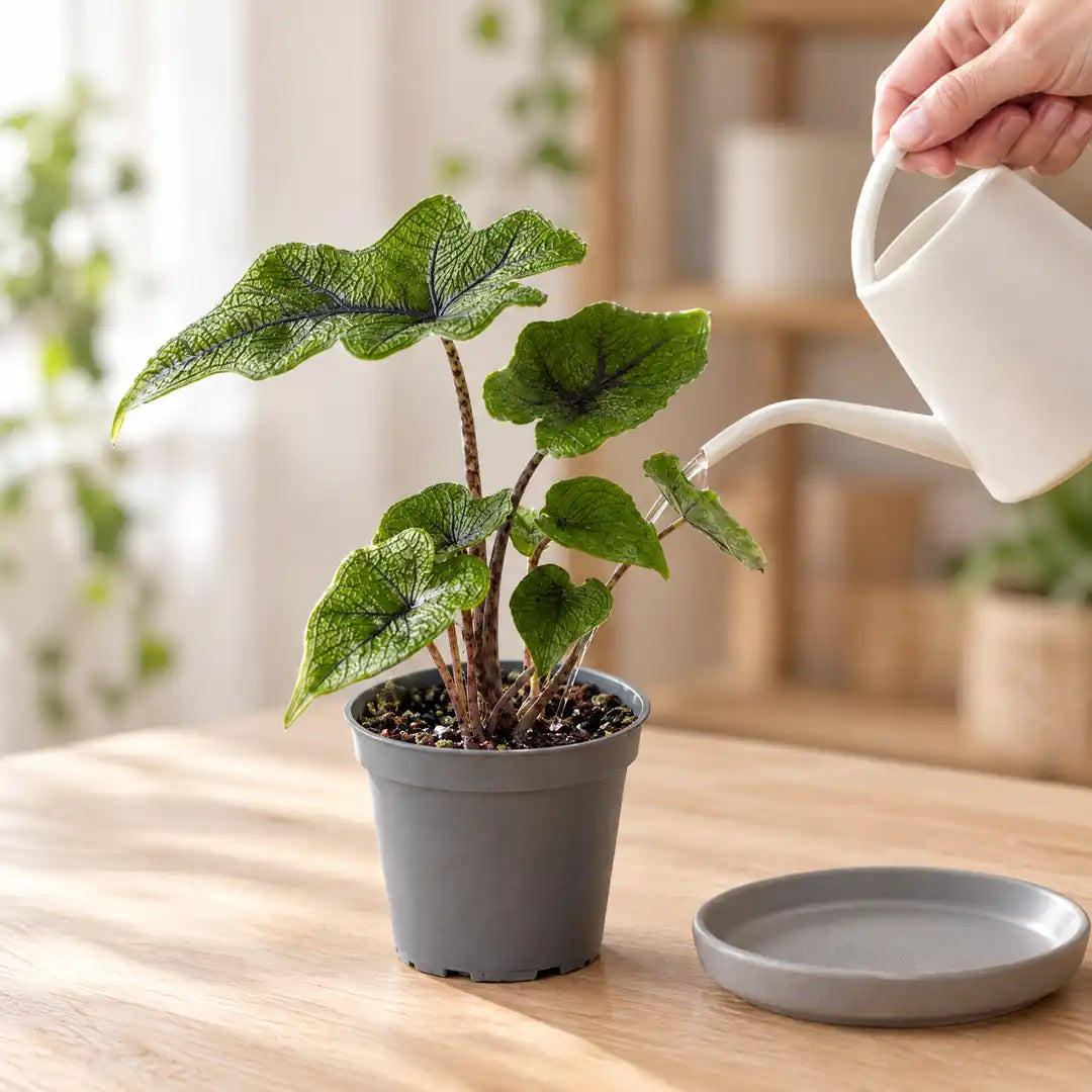 Alocasia Jacklyn wird mit einer kleinen Gießkanne an der Erde gegossen