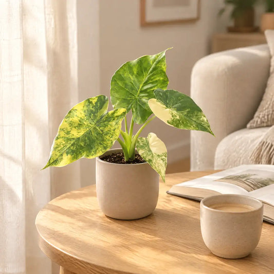 Alocasia macrorrhiza Aurea Variegata im beigen Übertopf auf einem Beistelltisch im hellen Wohnzimmer