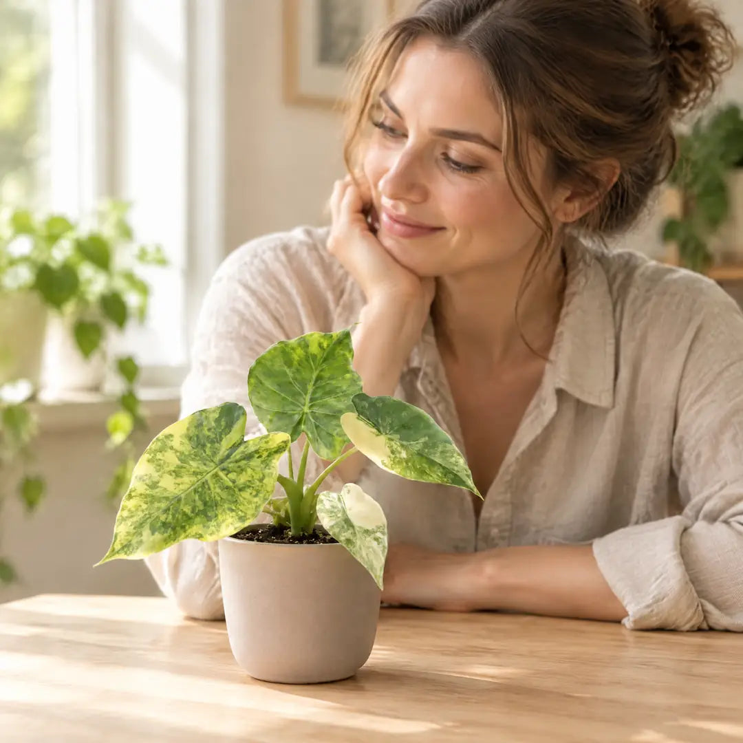 Frau betrachtet ihre kleine Alocasia macrorrhiza Aurea Variegata am Holztisch