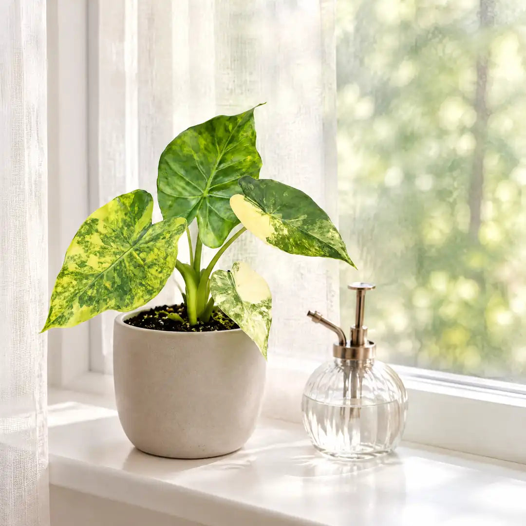Alocasia macrorrhiza Aurea Variegata an einem hellen Fenster mit Vorhang