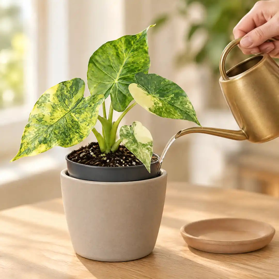 Alocasia macrorrhiza Aurea Variegata wird mit einer Messing-Gießkanne gegossen