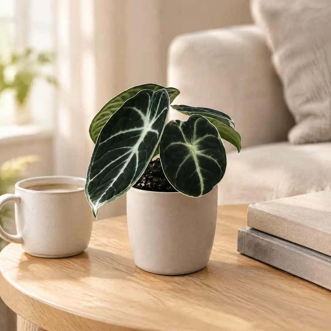 Alocasia Ninja mit fast schwarzen Blättern im beigen Übertopf auf einem Beistelltisch