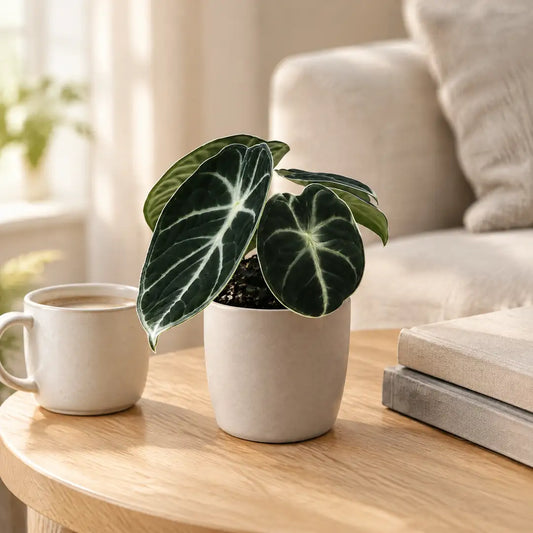 Alocasia Ninja mit fast schwarzen Blättern im beigen Übertopf auf einem Beistelltisch