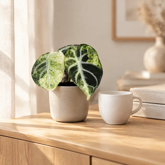 Alocasia Ninja Variegata im beigen Übertopf auf einem Sideboard im hellen Wohnzimmer