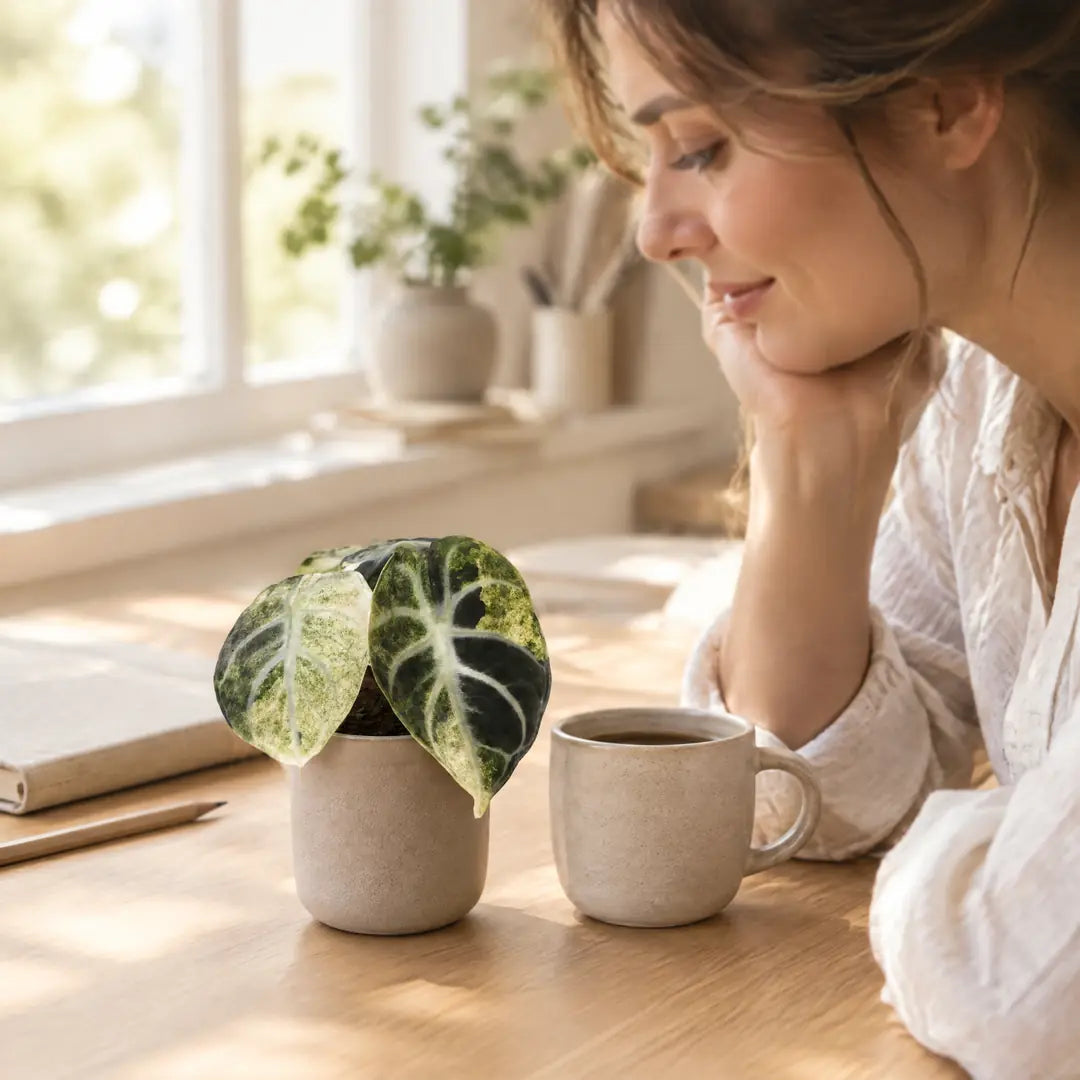 Frau am Schreibtisch betrachtet ihre kleine Alocasia Ninja Variegata