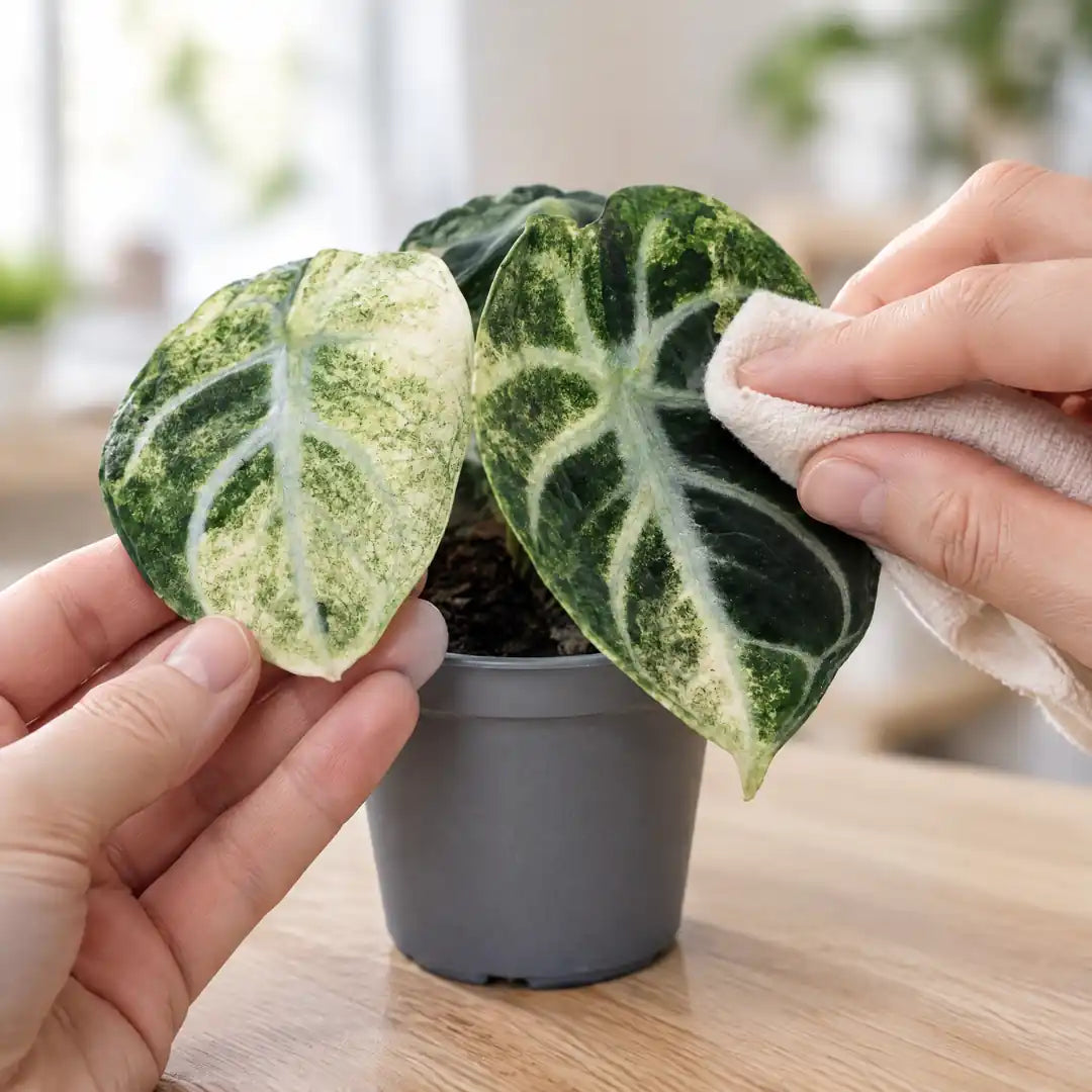 Hand wischt ein Blatt der Alocasia Ninja Variegata mit einem weichen Tuch ab