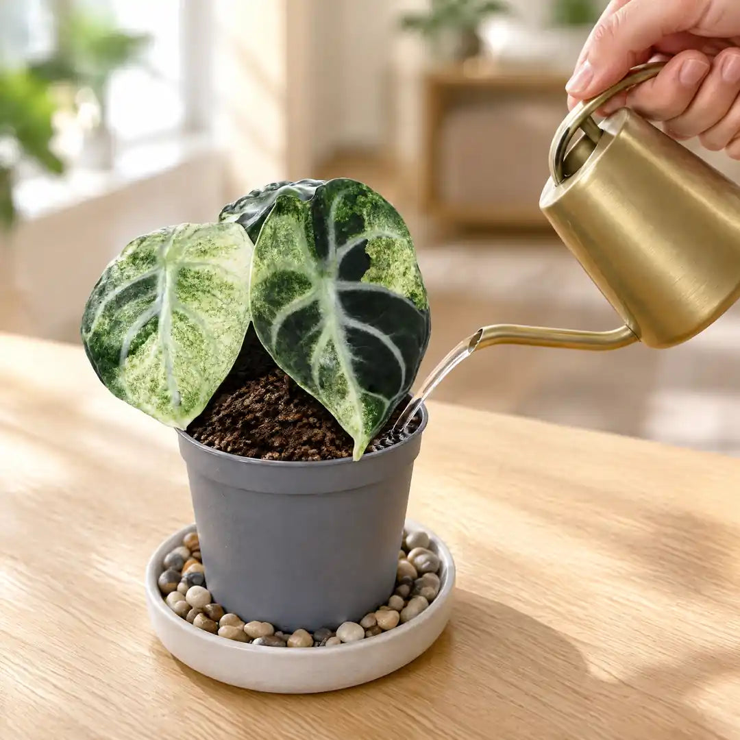 Alocasia Ninja Variegata wird mit einer kleinen Gießkanne an der Erde gegossen