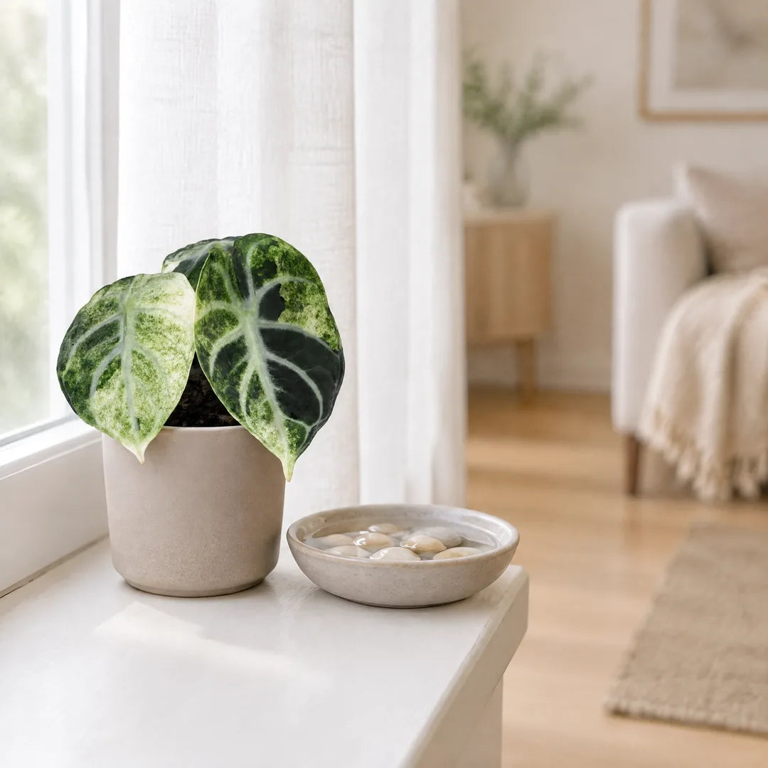 Alocasia Ninja Variegata auf der Fensterbank im hellen, indirekten Licht