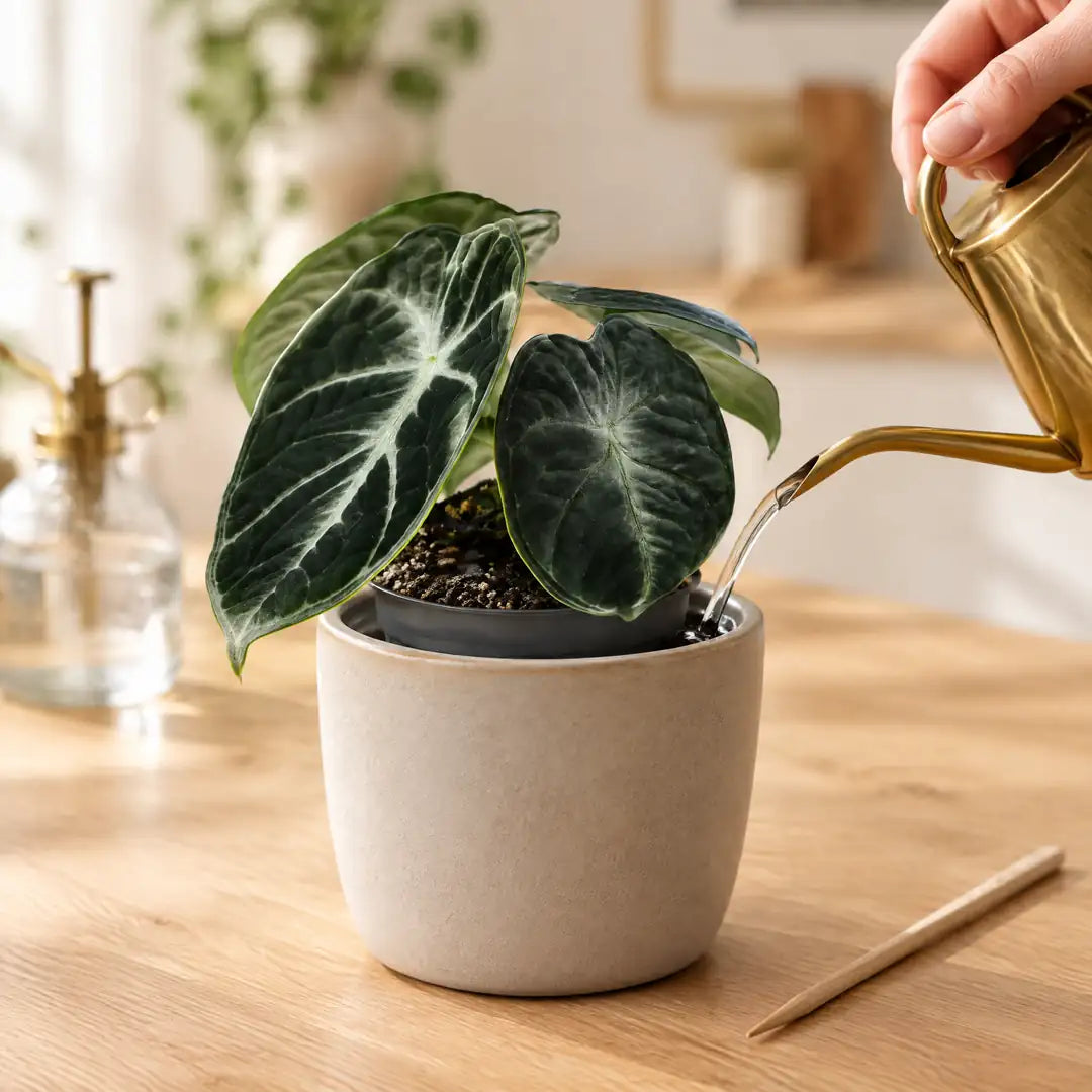 Alocasia Ninja wird mit einer kleinen Messing-Gießkanne am Topfrand gegossen
