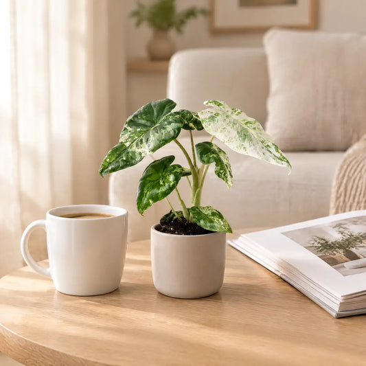 Alocasia Odora Variegata im beigen Übertopf auf einem Holztisch im hellen Wohnzimmer