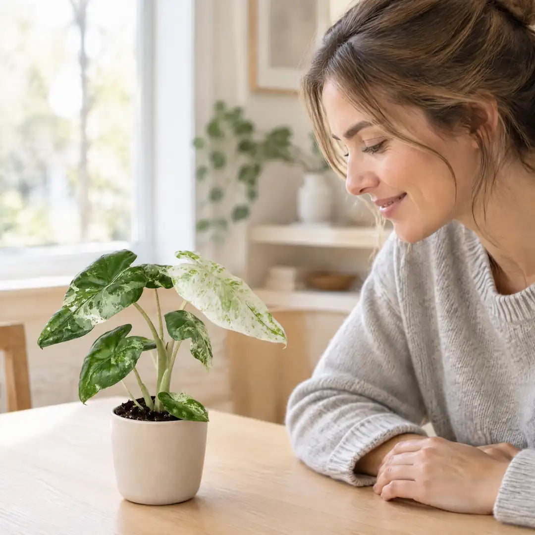 Frau betrachtet die kleine Alocasia Odora Variegata auf dem Tisch
