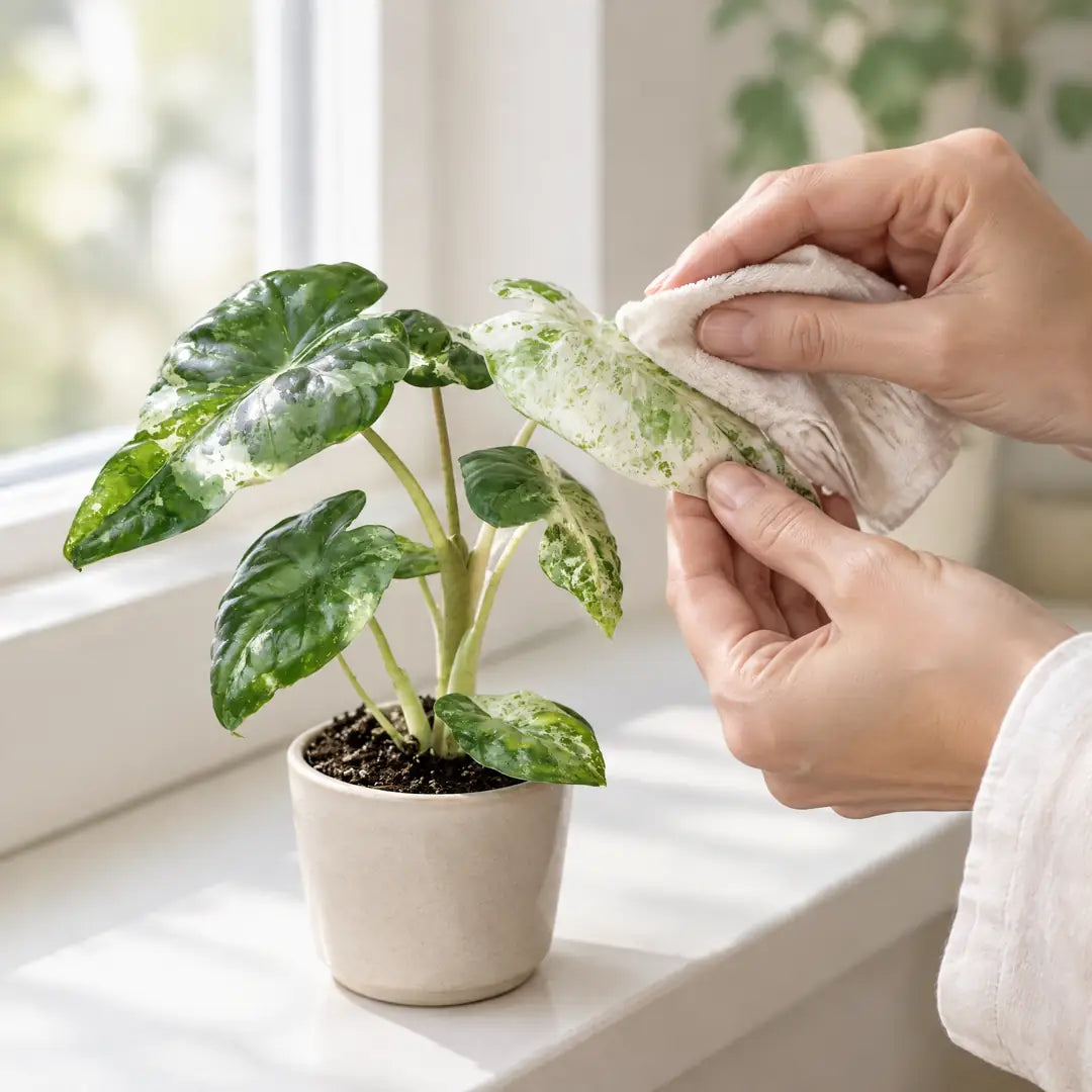 Hände wischen ein marmoriertes Blatt der Alocasia Odora Variegata mit einem weichen Tuch ab