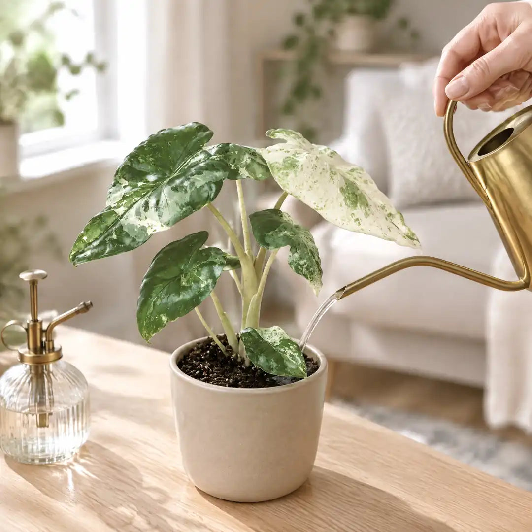 Hand gießt die Alocasia Odora Variegata mit einer schmalen Messing-Gießkanne