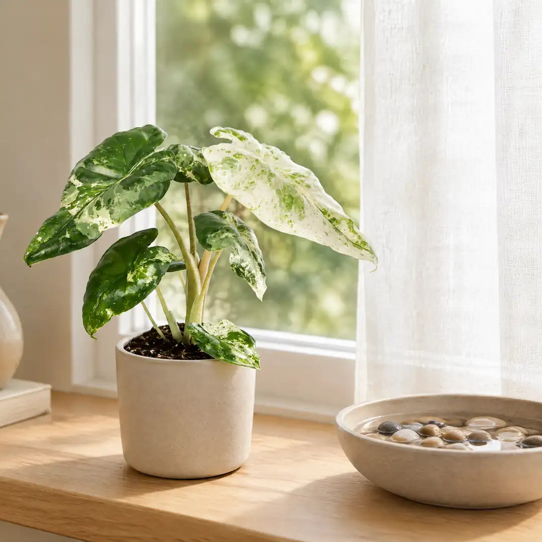 Alocasia Odora Variegata auf der hellen Fensterbank hinter einem leichten Vorhang