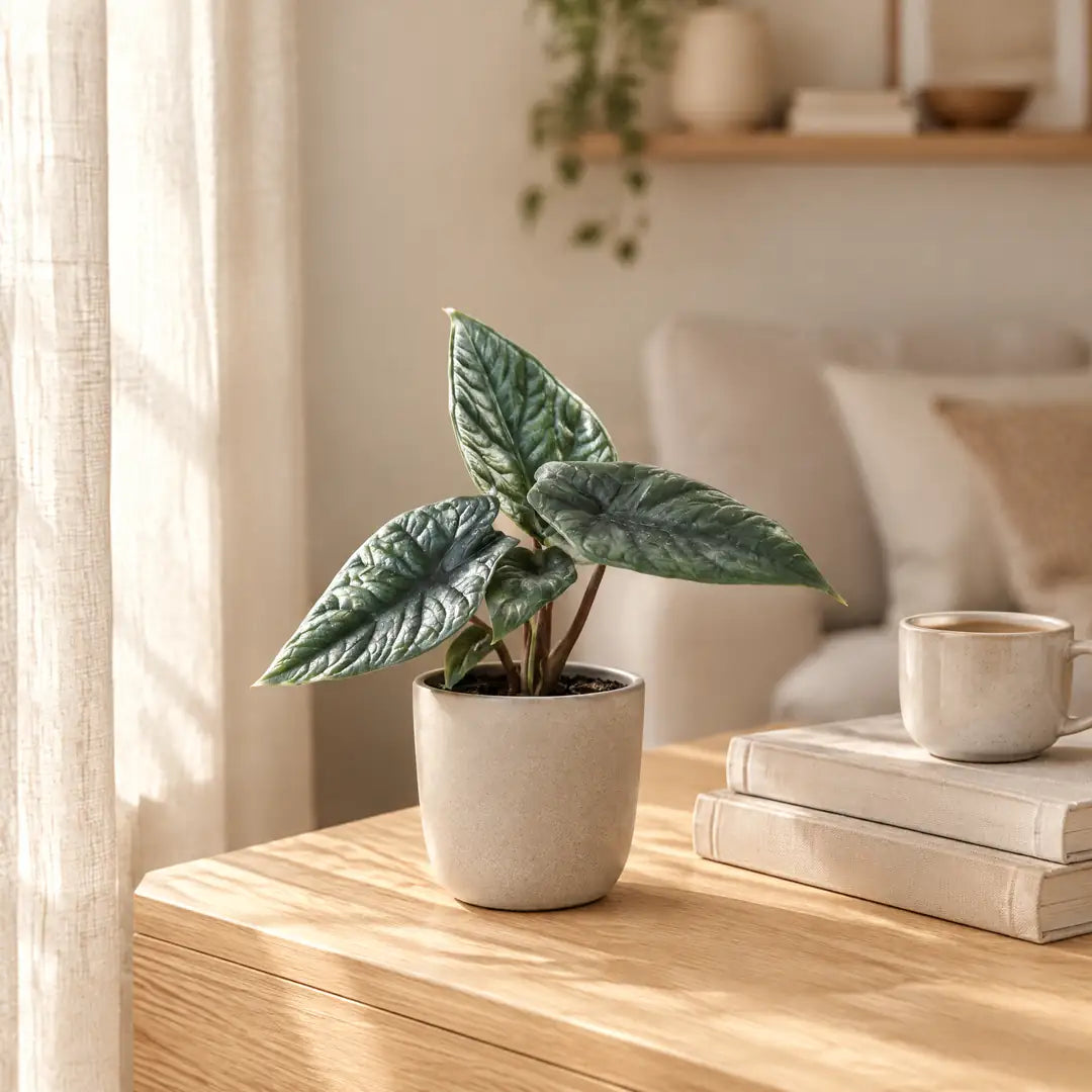 Alocasia Scalprum im beigen Übertopf auf einem Holzsideboard im hellen Wohnzimmer