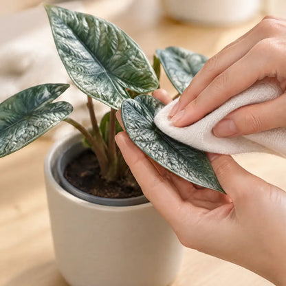 Hand wischt mit einem weichen Tuch über ein Blatt der Alocasia Scalprum