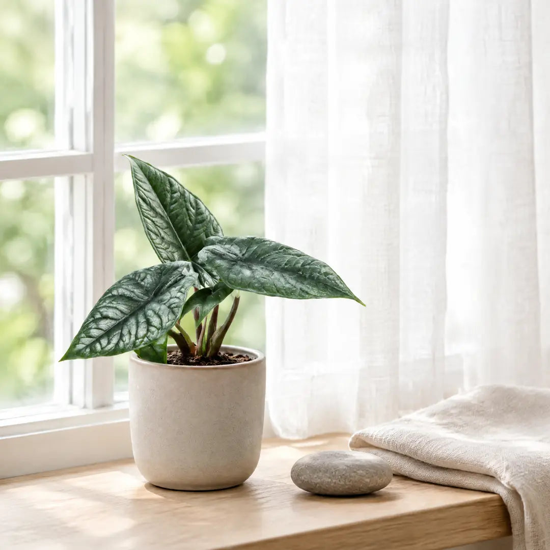 Alocasia Scalprum im beigen Übertopf auf einer hellen Fensterbank hinter einem Leinenvorhang