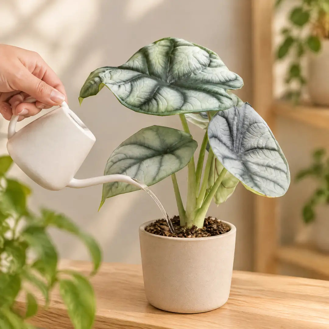 Alocasia Silver Dragon wird mit einer weißen Keramik-Gießkanne an der Erde gegossen