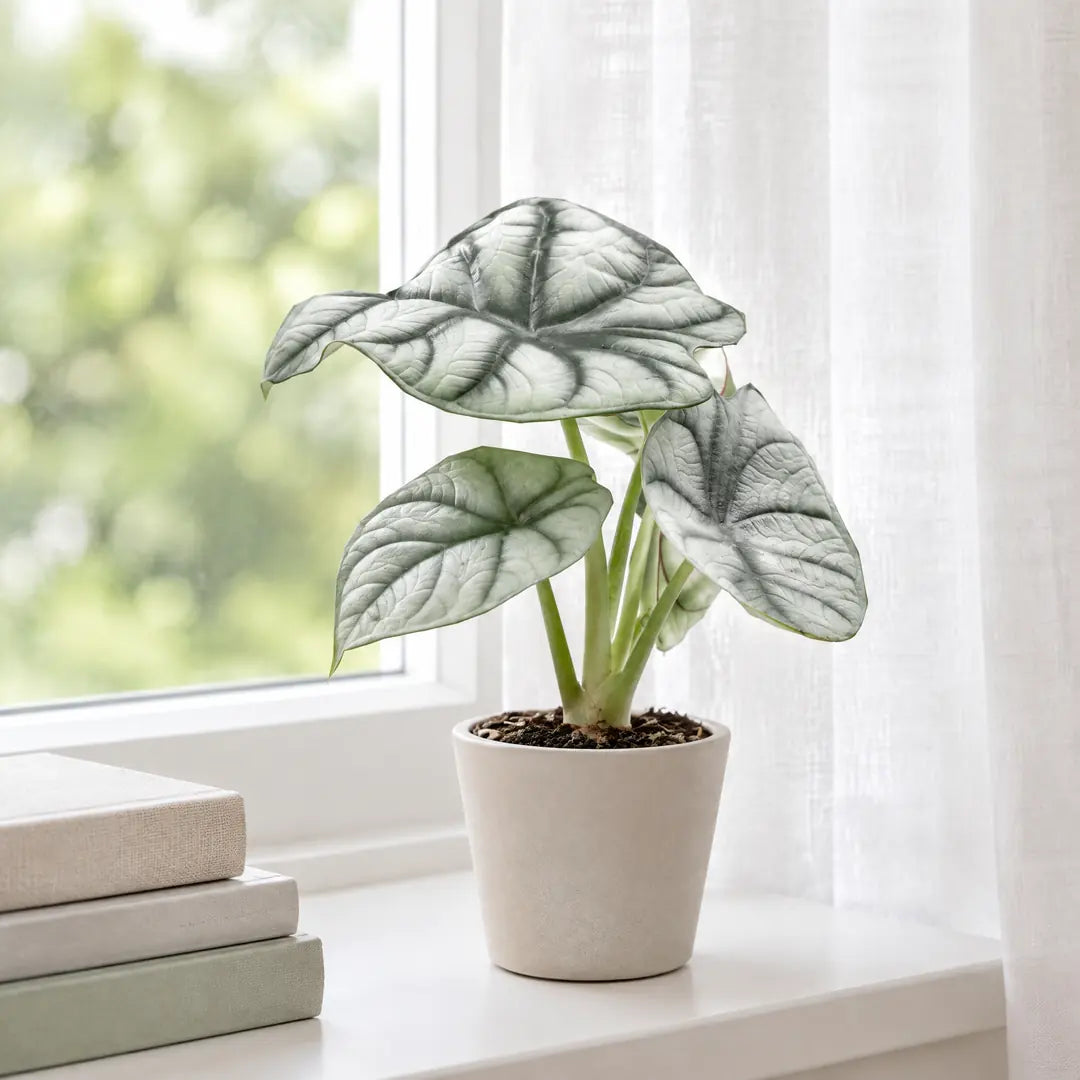 Alocasia Silver Dragon auf einer hellen Fensterbank vor einem Leinenvorhang