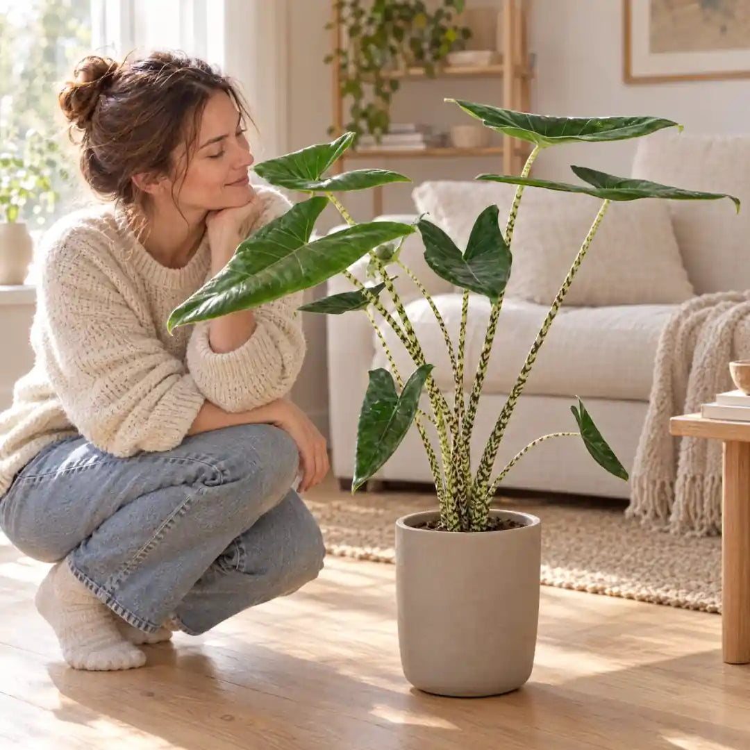 Frau betrachtet in der Hocke eine große Alocasia Zebrina im Wohnzimmer
