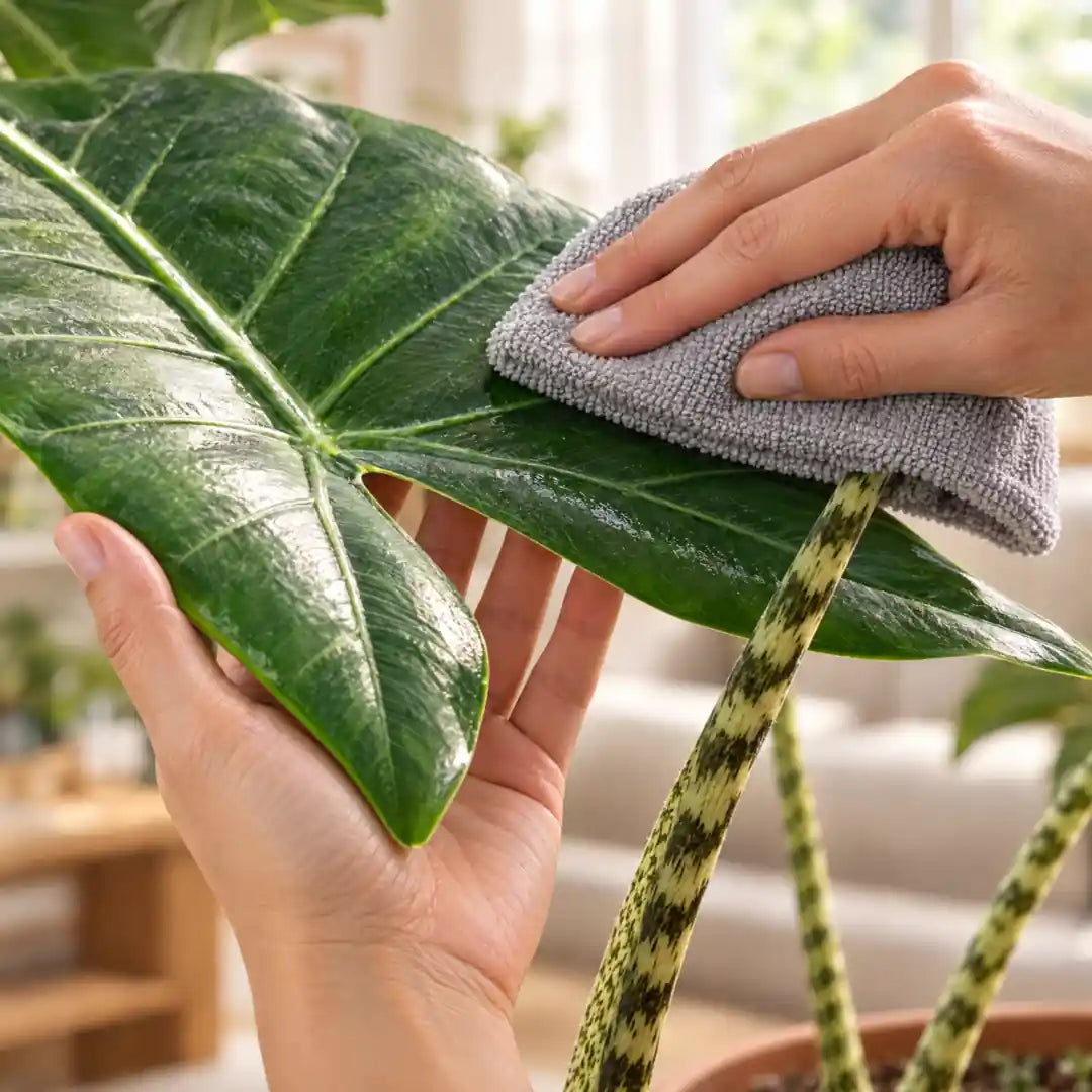 Hand wischt mit einem feuchten Tuch Staub von einem Blatt der Alocasia Zebrina
