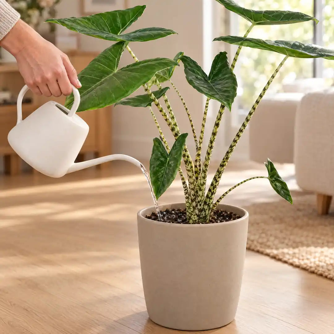 Alocasia Zebrina wird mit einer weißen Keramik-Gießkanne an der Erde gegossen