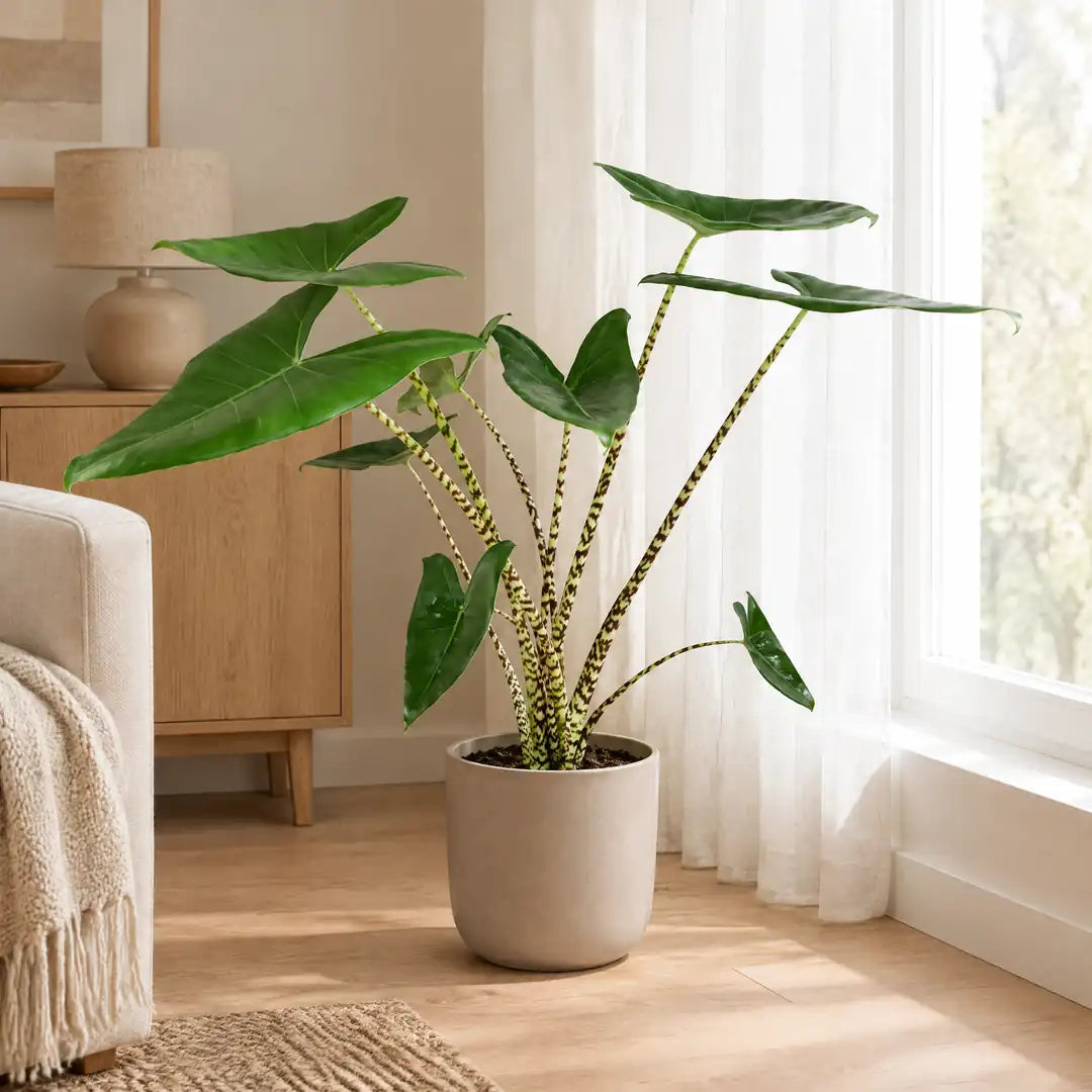 Alocasia Zebrina neben einem hellen Fenster mit Leinenvorhang