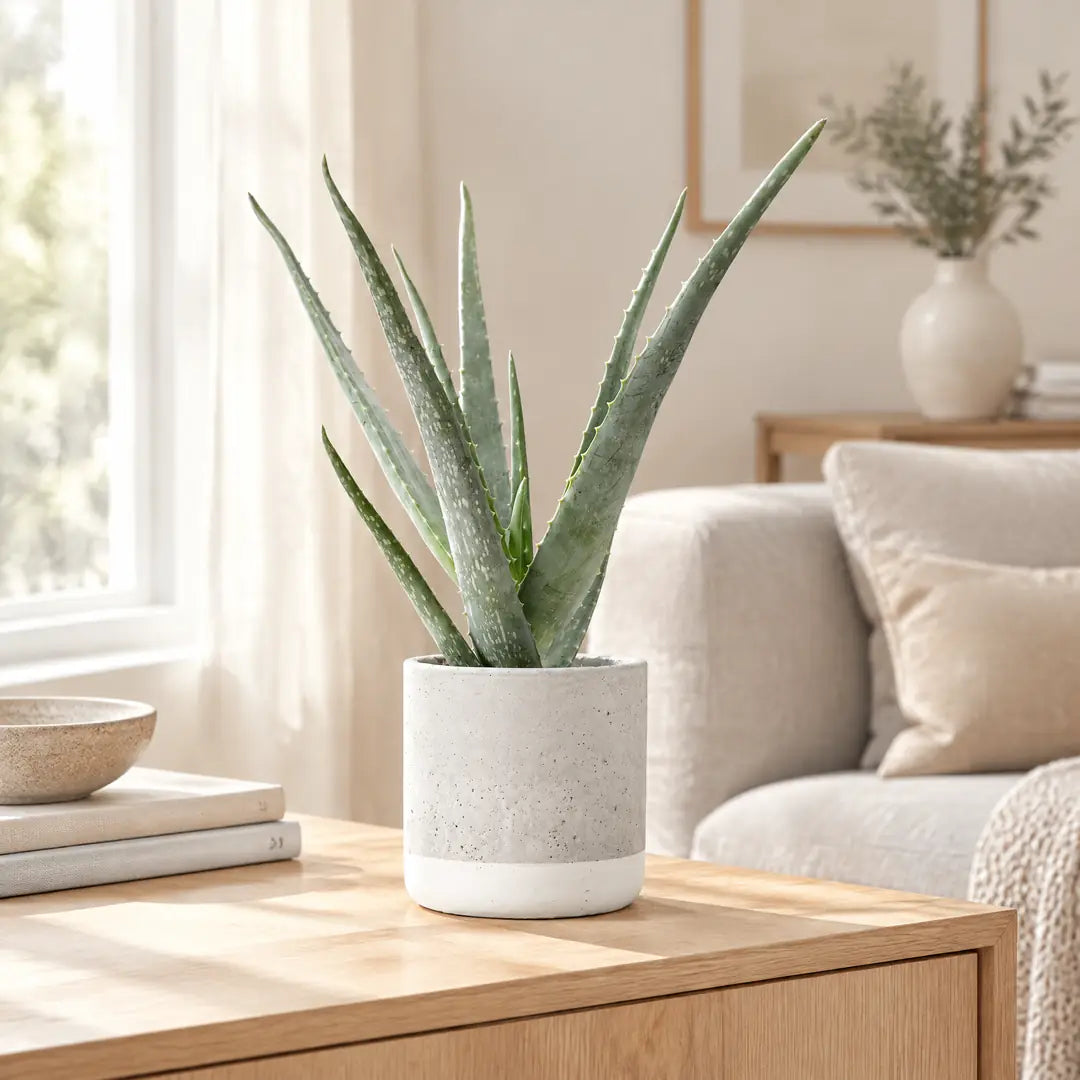 Aloe Vera Pflanze im hellgrauen Keramik-Übertopf auf einem Sideboard im hellen Wohnzimmer