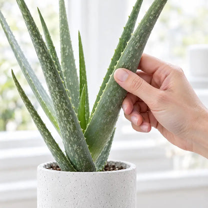 Hand prüft ein dickes Blatt der Aloe vera auf Festigkeit