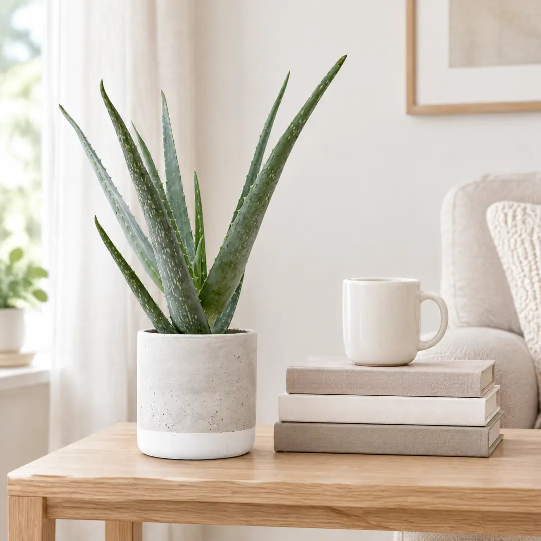 Aloe vera mit 45 cm neben Bücherstapel und Kaffeebecher auf einem Beistelltisch