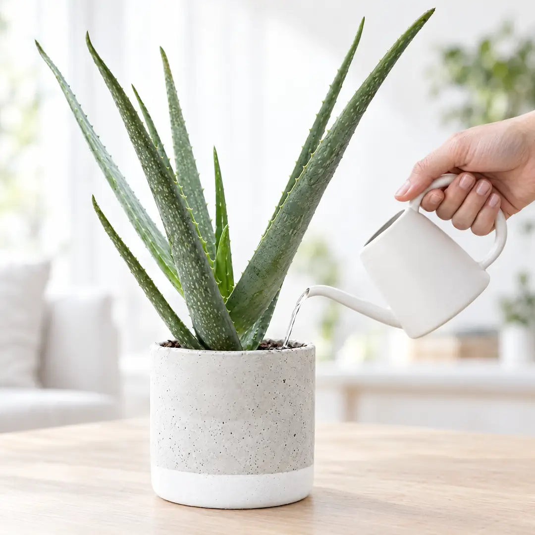 Aloe vera wird sparsam am Topfrand gegossen
