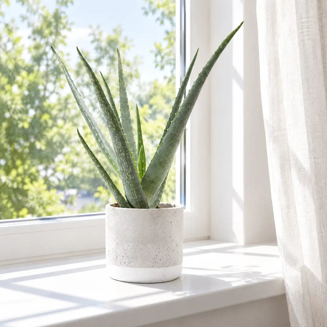 Aloe vera im Keramik-Übertopf auf einer sonnigen Fensterbank