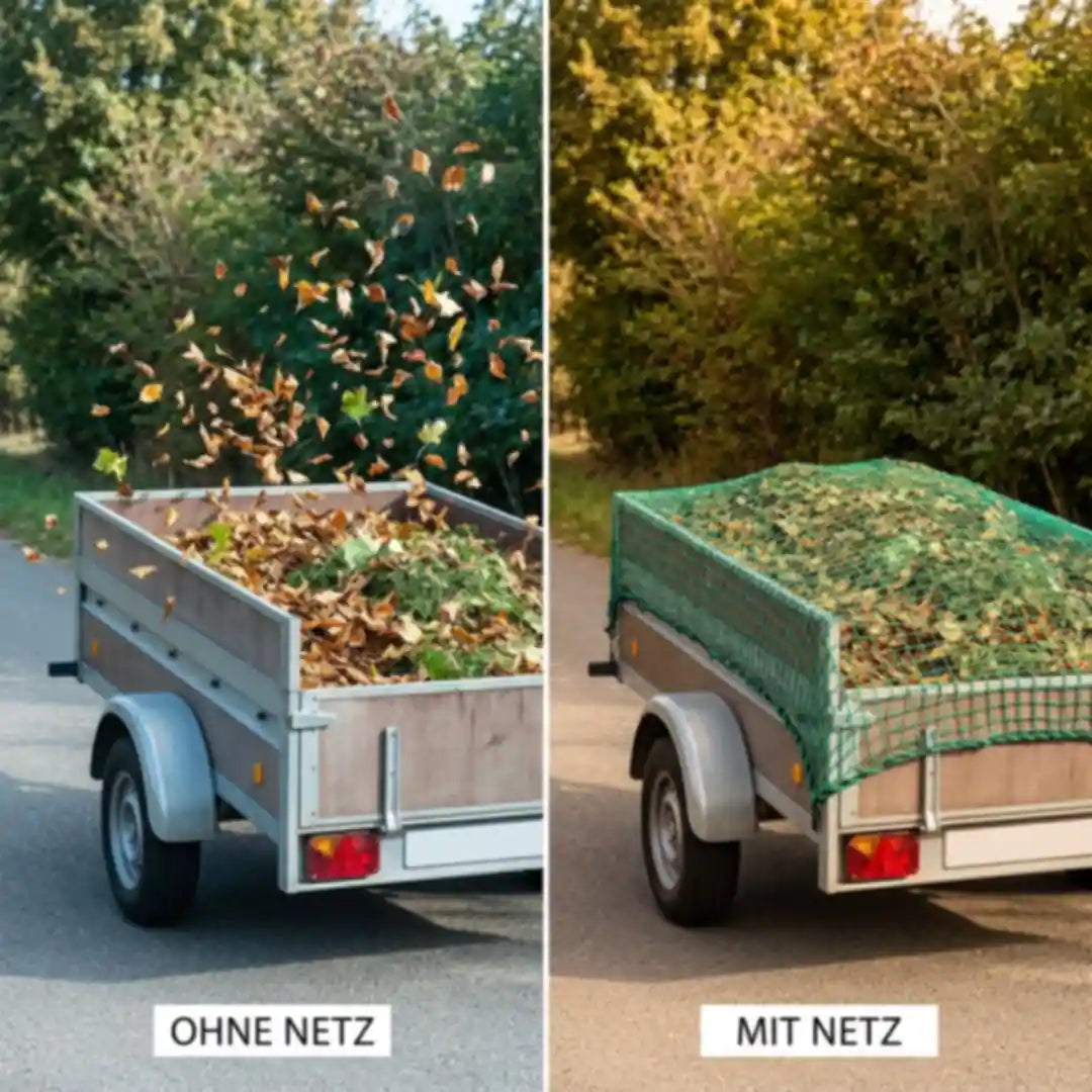 Ohne Netz wirbelt Laub aus dem Anhänger, mit Netz bleibt es drin