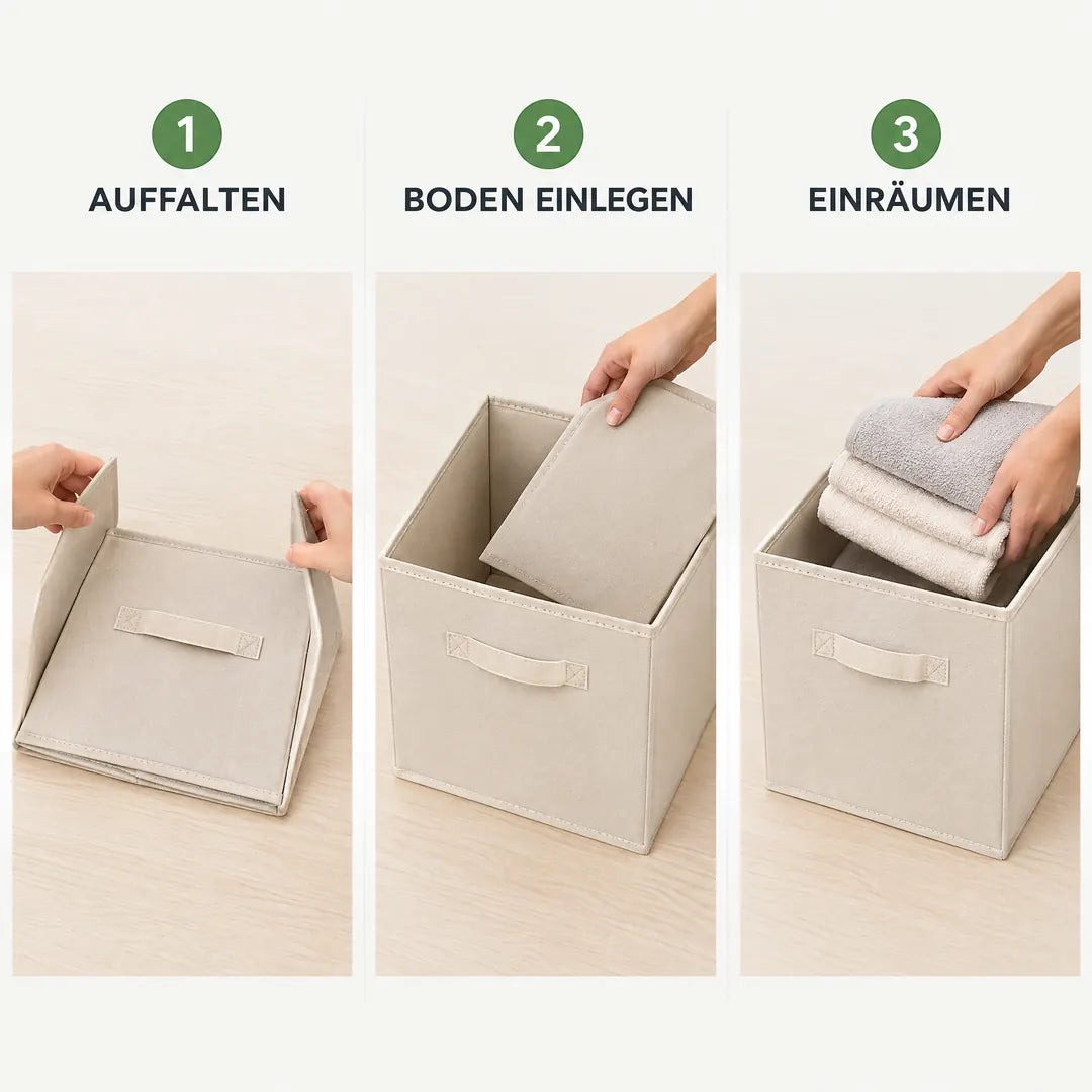 Aufbau in 3 Schritten: auffalten, Boden einlegen, einräumen